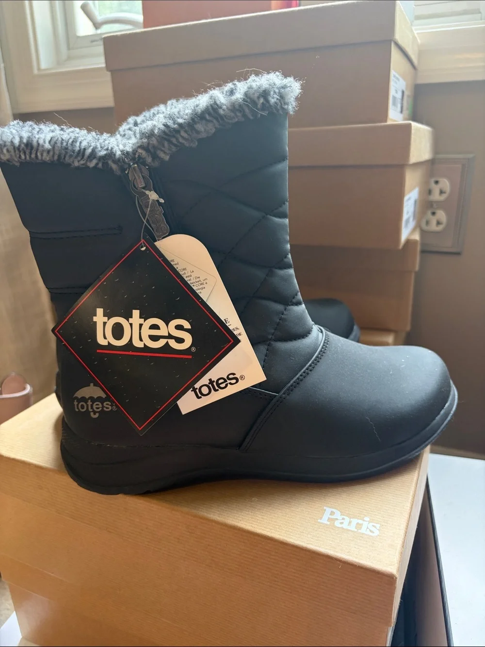 totes Black Quilted Faux-Fur Trim Winter Slip-On Boot